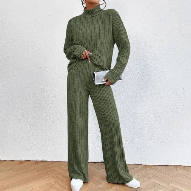 Women's Solid Color 2 Piece Set High Neck Long Sleeve Top & Pants, Striped Loungewear For Fall&Winter Army Green - Shop at LoveMi