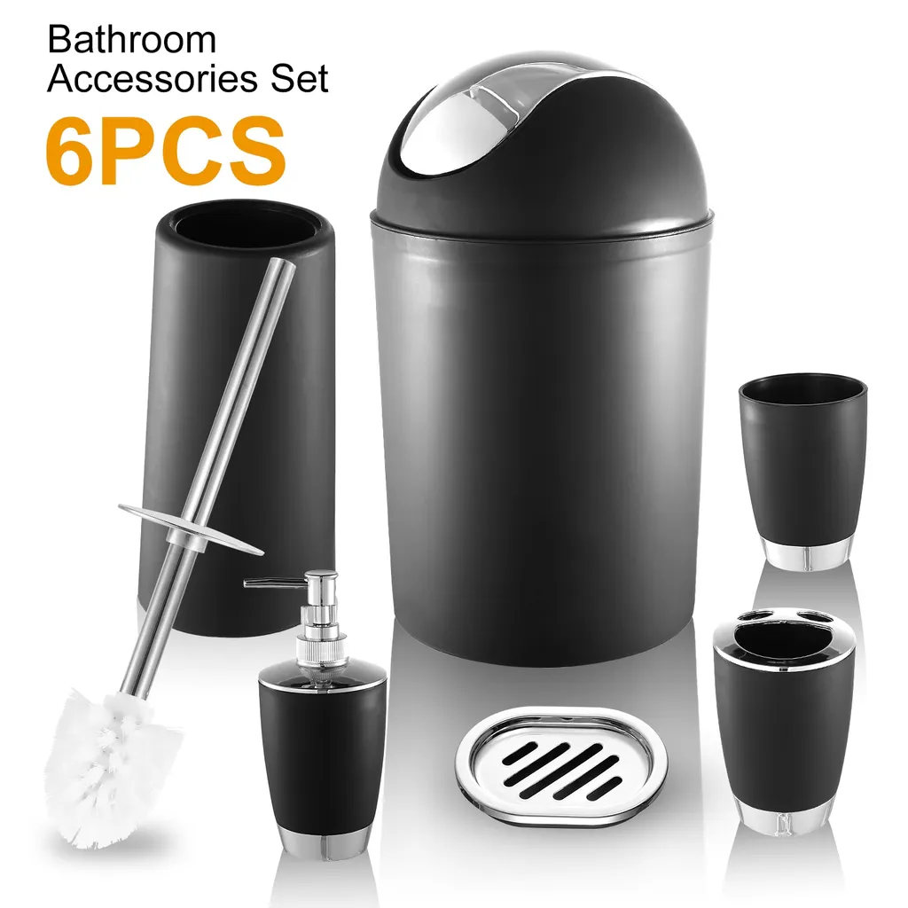 Bathroom Accessories Set Bathroom Set Ensemble Complete Soap Dispenser Toothbrush Holder Tumbler Soap Dish Toilet Cleaning Brush Trash Can - Black