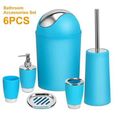 Bathroom Accessories Set Bathroom Set Ensemble Complete Soap Dispenser Toothbrush Holder Tumbler Soap Dish Toilet Cleaning Brush Trash Can Blue - Shop at LoveMi