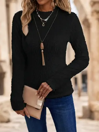 A Solid-colored Long-sleeved Top For Ladies - Black