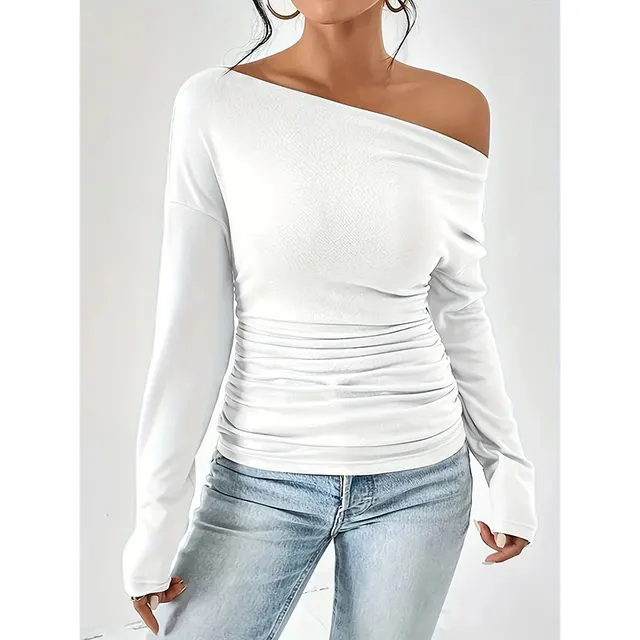 Women's Off The Shoulder Tops Long Sleeve T Shirts Going Out Tops Casual Trendy Ruched Slim Fitted Tees White - Shop at LoveMi