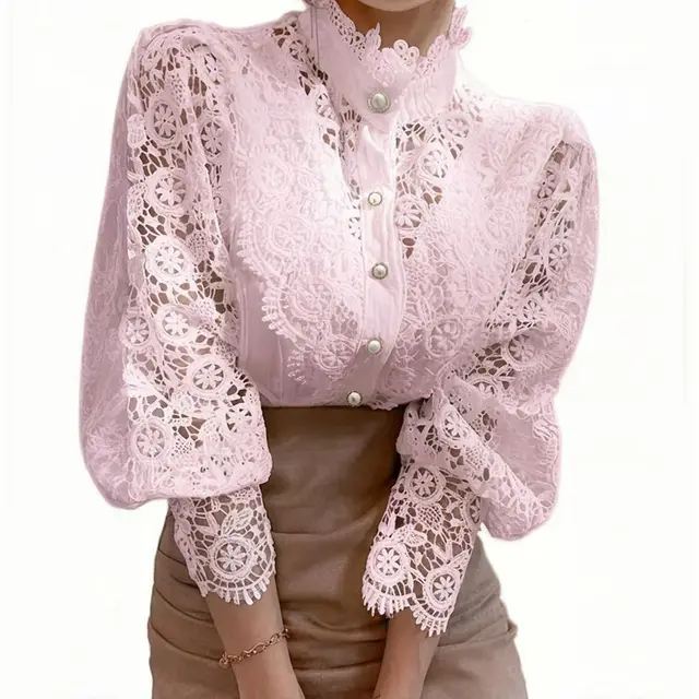 Elegant Women's Vintage Pearl Button Lace Blouse Puff Sleeve Semi Sheer Ruffled Stand Collar Shirt Spring&Summer Office & Vacation Top Pink - Shop at LoveMi