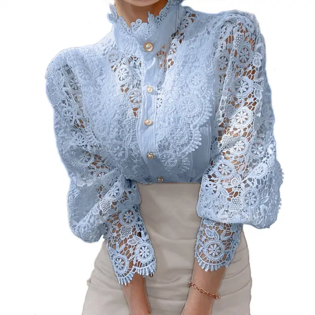 Elegant Women's Vintage Pearl Button Lace Blouse Puff Sleeve Semi Sheer Ruffled Stand Collar Shirt Spring&Summer Office & Vacation Top Sky Blue - Shop at LoveMi