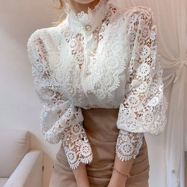 Elegant Women's Vintage Pearl Button Lace Blouse Puff Sleeve Semi Sheer Ruffled Stand Collar Shirt Spring&Summer Office & Vacation Top White - Shop at LoveMi