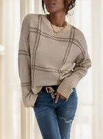 Plaid Pattern Drop Shoulder Sweater Long Sleeve Tops - Grey