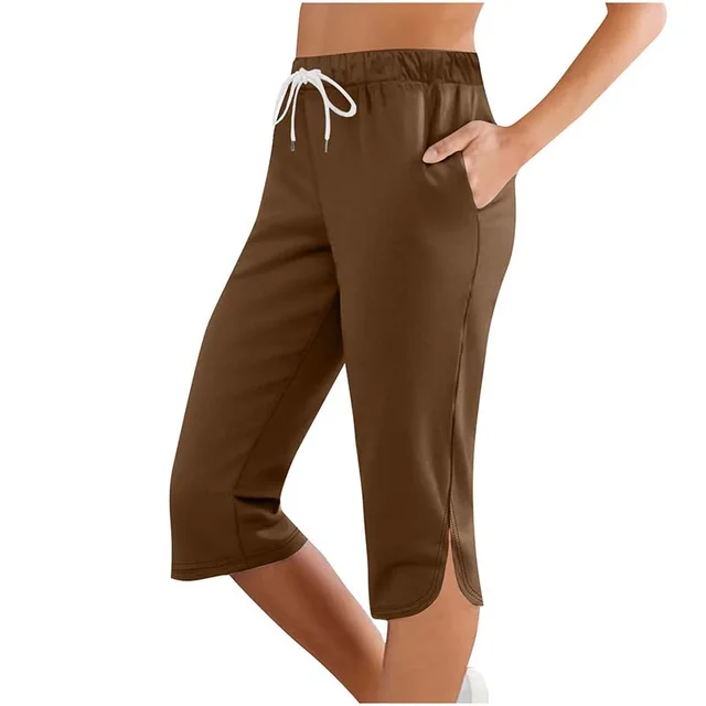Women's Capri Leggings Drawstring High Waisted Sweatpants Lounge Running Gym Short With Pockets Brown - Shop at LoveMi