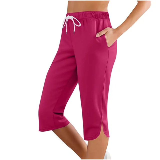 Women's Capri Leggings Drawstring High Waisted Sweatpants Lounge Running Gym Short With Pockets Rose Red - Shop at LoveMi