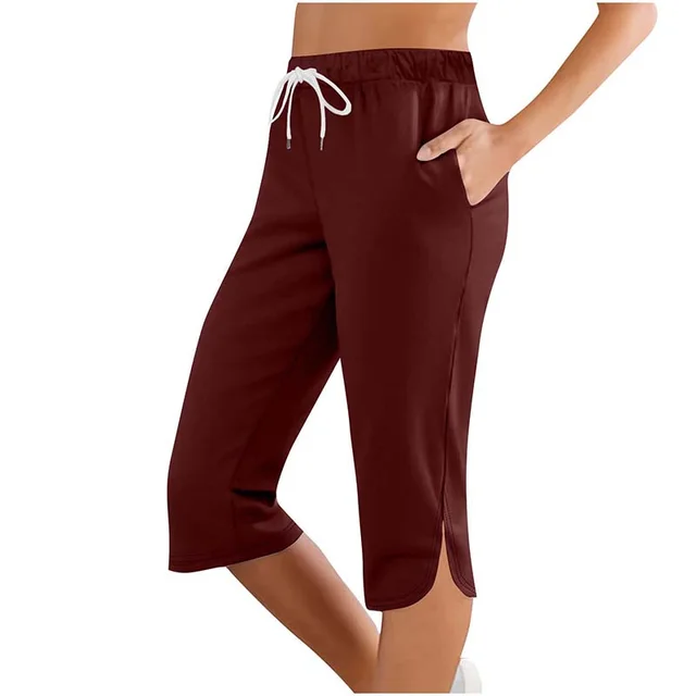 Women's Capri Leggings Drawstring High Waisted Sweatpants Lounge Running Gym Short With Pockets Wine Red - Shop at LoveMi