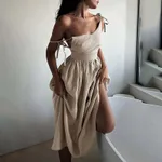 Maxi Dresses For Women Sexy Casual V Neck Spaghetti Strap Long Summer Sundress - Khaki