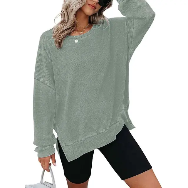 Womens Waffle Knit Crewneck Sweatshirts Long Sleeve Side Slits Casual Pullover Sweatshirt Tops Green - Shop at LoveMi