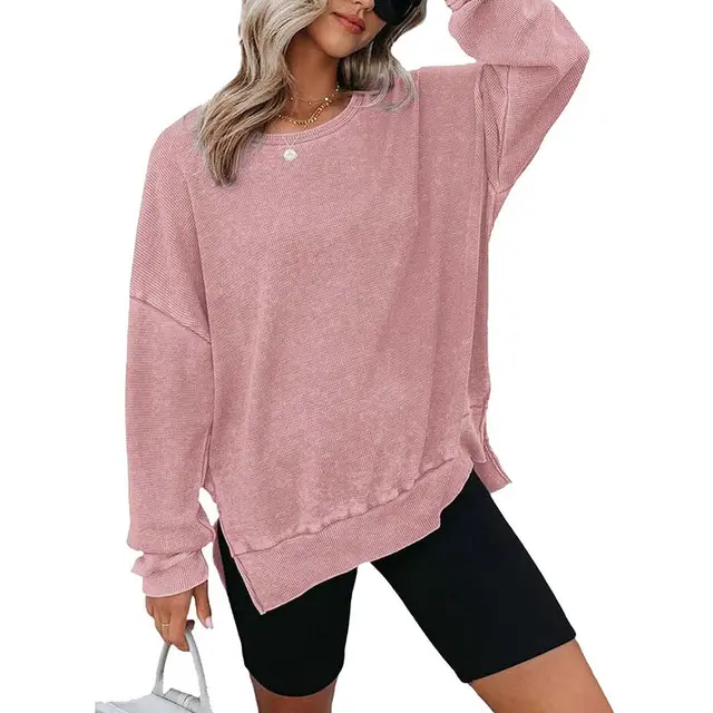 Womens Waffle Knit Crewneck Sweatshirts Long Sleeve Side Slits Casual Pullover Sweatshirt Tops Pink - Shop at LoveMi