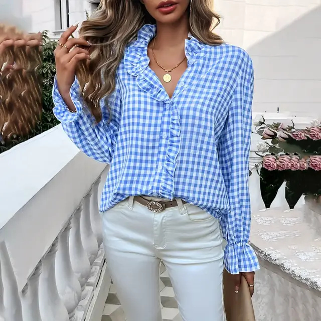 Women's French Style Checkered Button Up Shirt Elegant Plaid Pattern, Stand Collar With Ruffled Cuffs, Comfortable Wear Light Blue - Shop at LoveMi