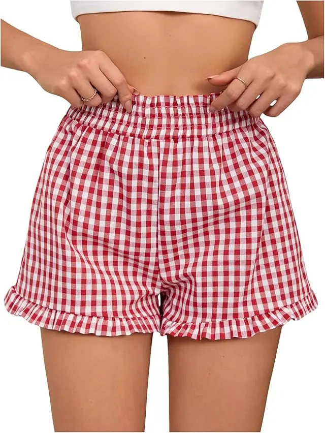 Women's Plaid Print Patched Decor Button Front Elastic Waist Shorts, Casual Comfy Straight Leg Shorts For Summer, Ladies Bottoms For Daily Wear, Women Workout Clothes Womenswear Beach Cottage Shorts Pink - Shop at LoveMi