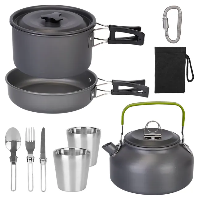 Camping Cookware Set Aluminum Pot Pan Kettle Cup Fork Spoon Knife With Storage Bags For Hiking Picnic Outdoor 12Pcs - Shop at LoveMi