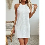 Women's Elegant Halter Neck Sleeveless Mini Dress Eyelet Embroidery A Line Short Dress - White