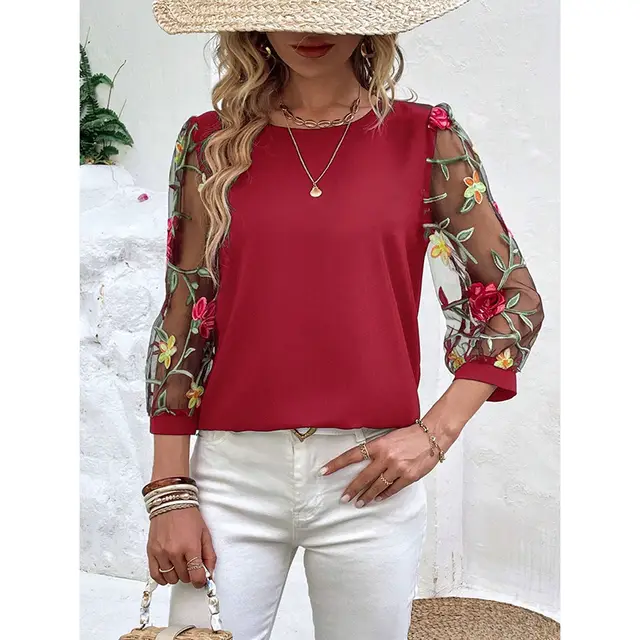 Women's Floral Embroidery Contrast Mesh Puff Sleeve Crew Neck Tee Shirt Tops Red - Shop at LoveMi