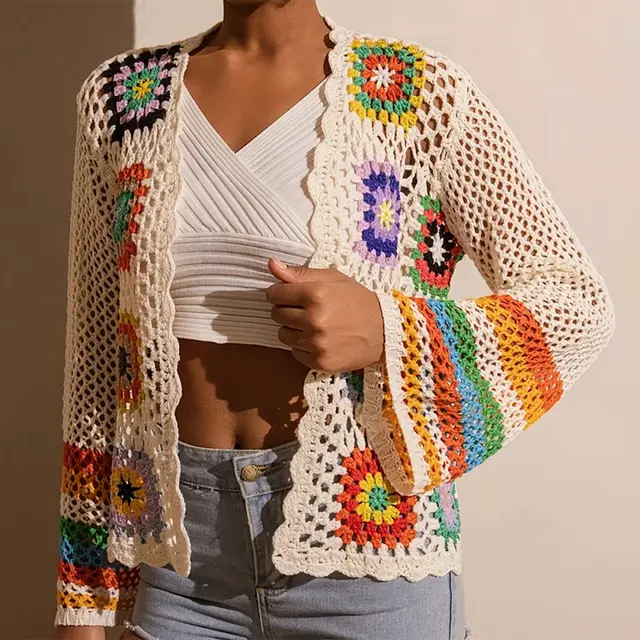 Women's Elegant Crochet Cardigan Long Sleeve Open Front Vibrant Color Block Coat Beige - Shop at LoveMi