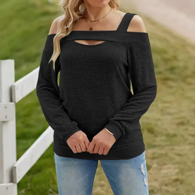 Womens Cold Shoulder Top Cut Out Long Sleeve Basic T Shirts Casual Blouse Tshirts Black - Shop at LoveMi