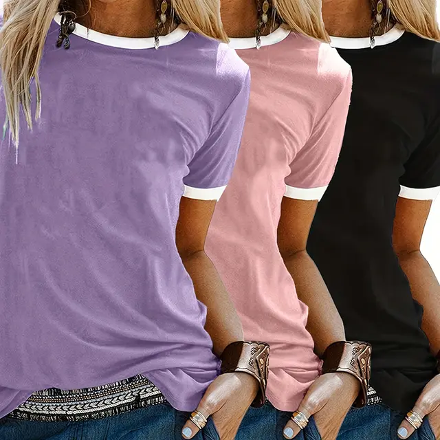 3 Pack Women's Casual Short Sleeve T Shirts Basic Round Neck Breathable Tees For Summer Purple Pink Black - Shop at LoveMi