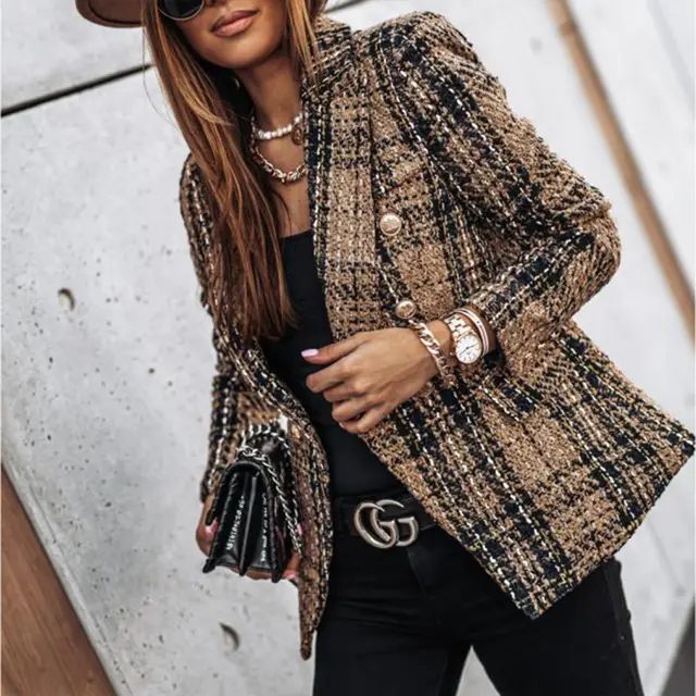 Women's Elegant Checkered Long Sleeve Blazer Double Breasted Printed Trench Coat For Fall&Winter, Office & Casual Jacket Brown - Shop at LoveMi
