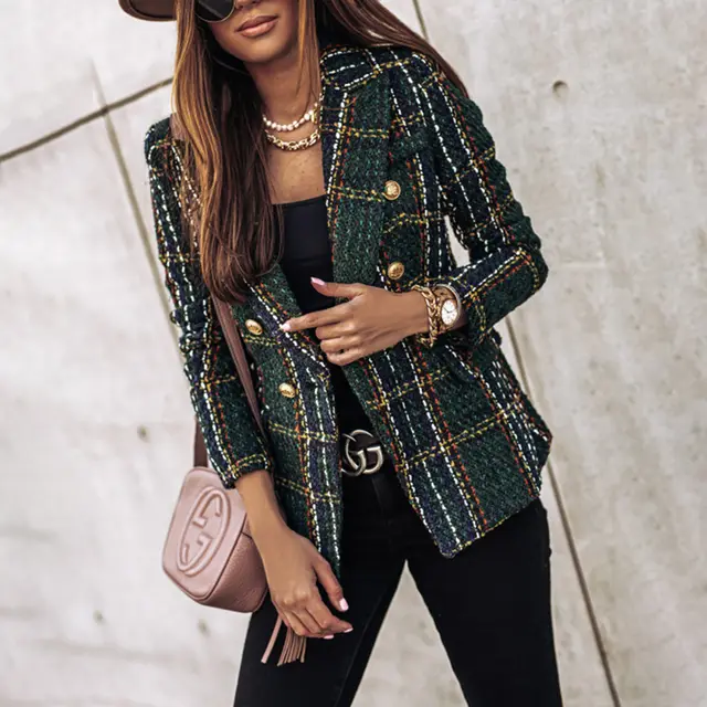 Women's Elegant Checkered Long Sleeve Blazer Double Breasted Printed Trench Coat For Fall&Winter, Office & Casual Jacket Dark Green - Shop at LoveMi