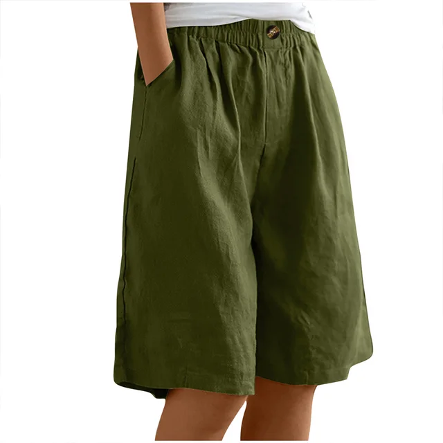 Women's Casual High Waist Loose Fit Solid Color Shorts Button & Elastic Waist With Pockets, Comfortable Summer Shorts Army Green - Shop at LoveMi