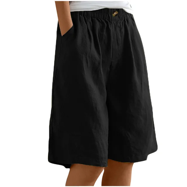Women's Casual High Waist Loose Fit Solid Color Shorts Button & Elastic Waist With Pockets, Comfortable Summer Shorts Black - Shop at LoveMi