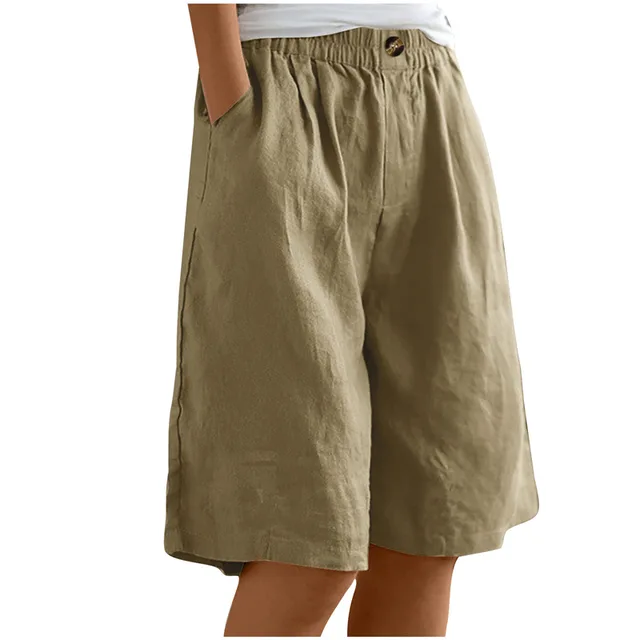Women's Casual High Waist Loose Fit Solid Color Shorts Button & Elastic Waist With Pockets, Comfortable Summer Shorts Khaki - Shop at LoveMi