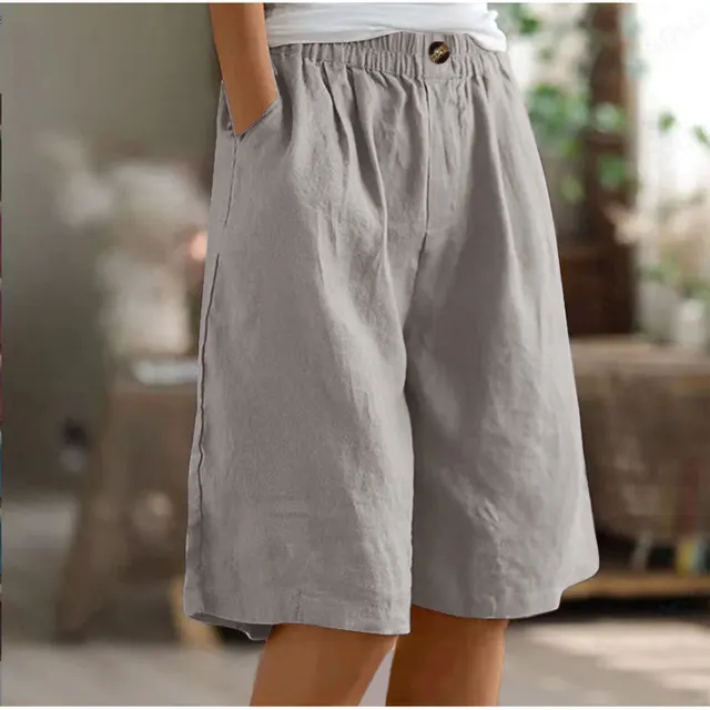Women's Casual High Waist Loose Fit Solid Color Shorts Button & Elastic Waist With Pockets, Comfortable Summer Shorts Light Gray - Shop at LoveMi