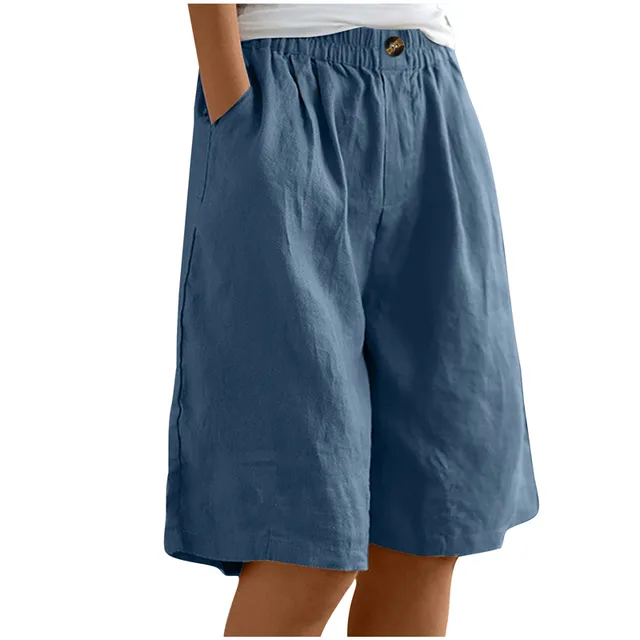 Women's Casual High Waist Loose Fit Solid Color Shorts Button & Elastic Waist With Pockets, Comfortable Summer Shorts Peacock Blue - Shop at LoveMi