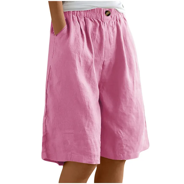 Women's Casual High Waist Loose Fit Solid Color Shorts Button & Elastic Waist With Pockets, Comfortable Summer Shorts Rose Pink - Shop at LoveMi