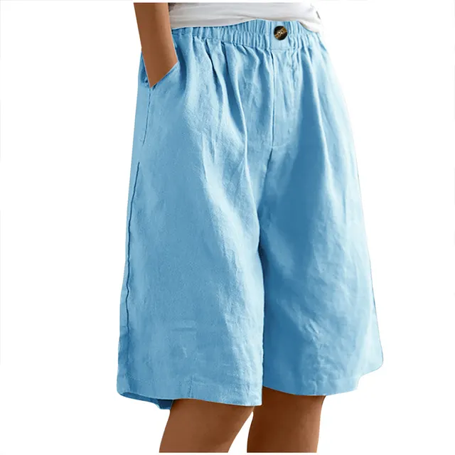 Women's Casual High Waist Loose Fit Solid Color Shorts Button & Elastic Waist With Pockets, Comfortable Summer Shorts Sky Blue - Shop at LoveMi