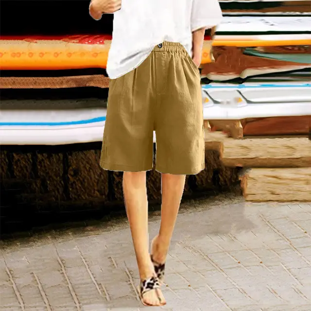 Women's Casual High Waist Loose Fit Solid Color Shorts Button & Elastic Waist With Pockets, Comfortable Summer Shorts Yellow - Shop at LoveMi