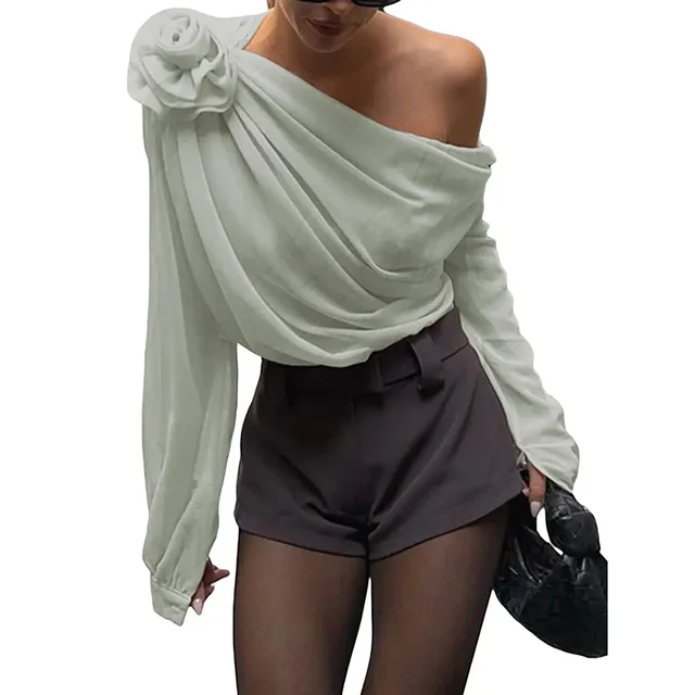 Women's Off Shoulder Tops Elegant Long Sleeve Asymmetrical Neck Ruched Chiffon Blouse Shirts Going Out Top Y2k Shirts Green - Shop at LoveMi