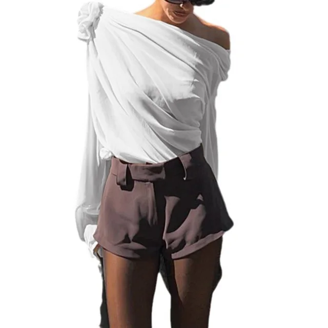 Women's Off Shoulder Tops Elegant Long Sleeve Asymmetrical Neck Ruched Chiffon Blouse Shirts Going Out Top Y2k Shirts White - Shop at LoveMi
