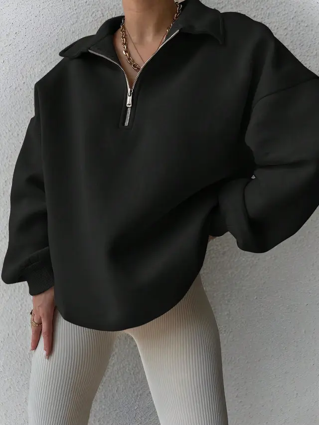 Women Plain Front Zipper Long Sleeve Simple Hoodie Black - Shop at LoveMi