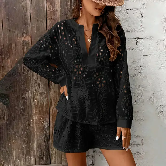 Women's Solid Color Elegant V Neck Lace Long Sleeve Blouse & Shorts Set Summer Casual Minimalist Outfit Black - Shop at LoveMi