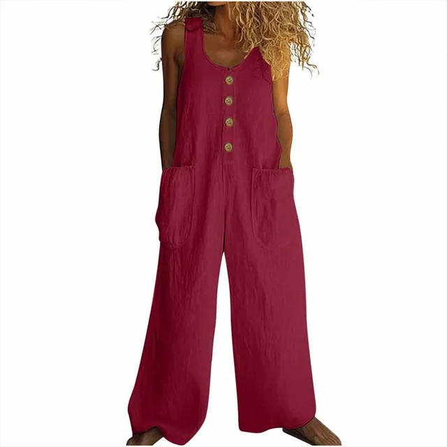 Women's Elegant Wide Leg Jumpsuit Button Front Formal & Casual Romper, Lightweight Wear Brick Red - Shop at LoveMi