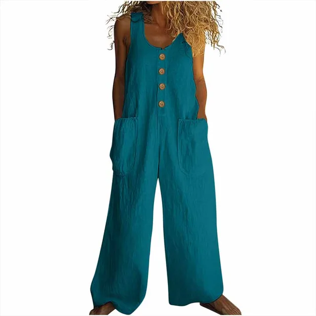 Women's Elegant Wide Leg Jumpsuit Button Front Formal & Casual Romper, Lightweight Wear Peacock Green - Shop at LoveMi