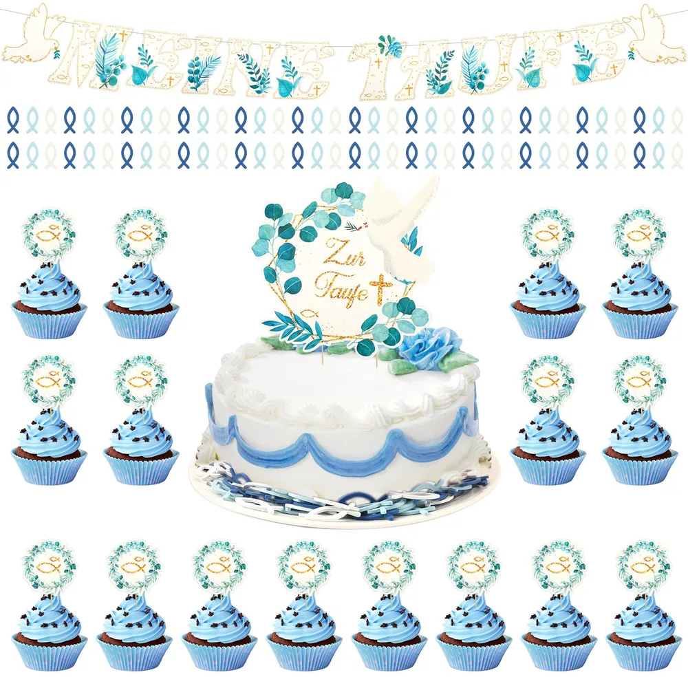 Christening Decoration Boy, Table Decoration Christening Set My Christening Garland Cupcake Topper Cake Decoration Wooden Fish Confetti Decoration ...