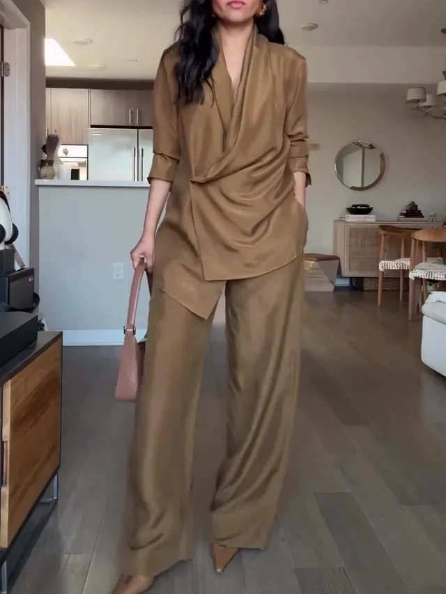 Wrap style Satin Blouse And Wide leg Pants Set Camel - Shop at LoveMi