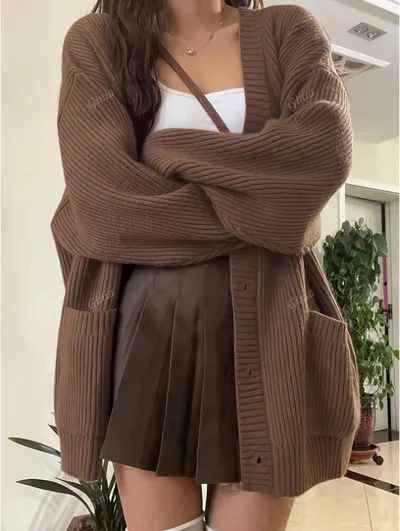Women's Fashionable & Elegant Knitted Cardigan Sweater, Autumn Winter Brown - Shop at LoveMi
