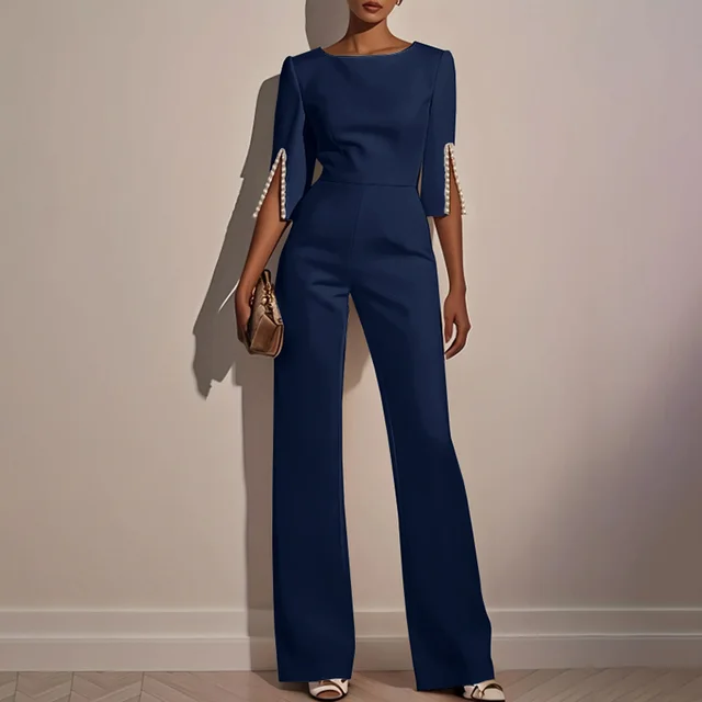 Women's Elegant Round Neck Jumpsuit Mid Sleeve With Side Slit Cuffs & Pearl Accents, Back Zipper Design For Casual To Formal Events Navy Blue - Shop at LoveMi