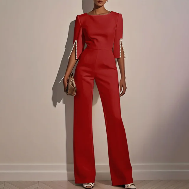 Women's Elegant Round Neck Jumpsuit Mid Sleeve With Side Slit Cuffs & Pearl Accents, Back Zipper Design For Casual To Formal Events Red - Shop at LoveMi