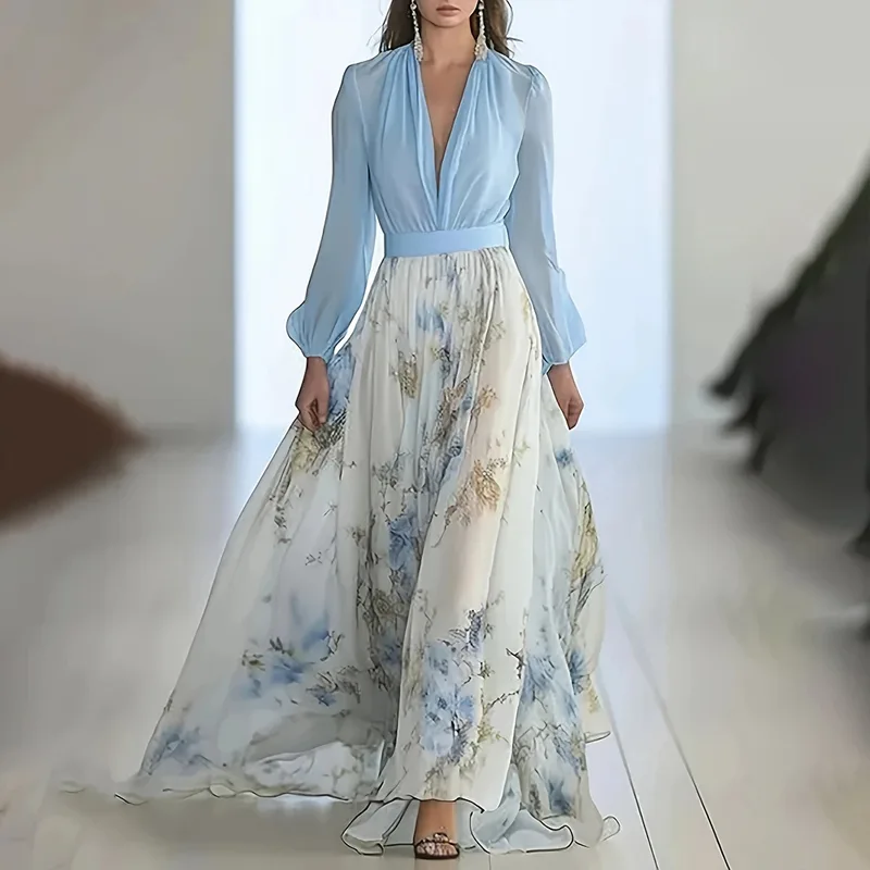 Women's Deep V Neck Floral Print Boho Maxi Dress With Long Sleeves A Line Waist Ruffle Hem Dress For Spring&Summer Vacation Blue - Shop at LoveMi