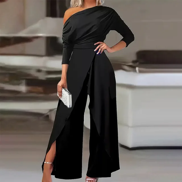 Women's Elegant One Shoulder Jumpsuit With Long Sleeves & Pants Slit Pleated Waist Formal & Party For Spring&Summer Black - Shop at LoveMi