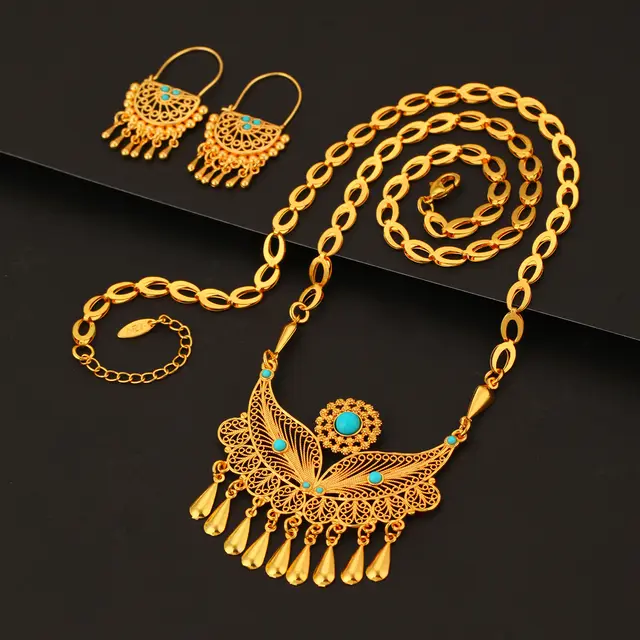 Fashionable And Personalized Water Droplet Tassel Copper Plated 18k Gold Women's Necklace And Earring Set, Suitable For Parties And Gifts, Daily Wear Waterdrop Style - Shop at LoveMi