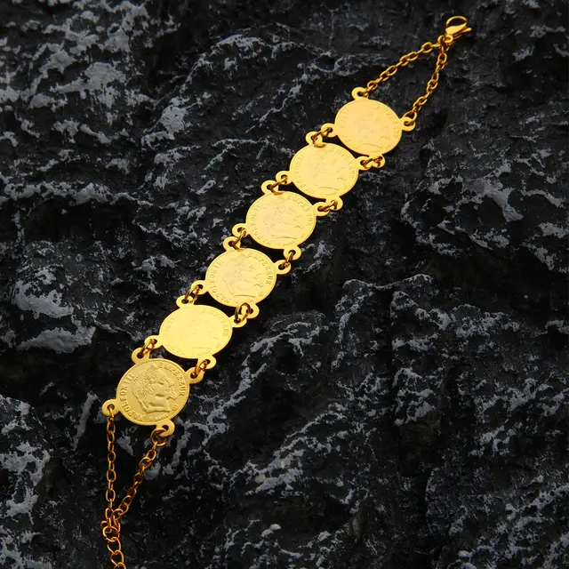 Middle East Cross Border 24K Gold Plated Coin Bracelet, Women's Handmade Jewelry, European And American Fashion Festival Bracelet Golden - Shop at LoveMi
