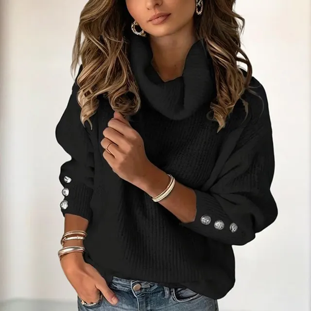 Women's Solid Color High Neck Sweater Button Cuff Detail, Cozy Fall&Winter Loose Fit Top Black - Shop at LoveMi