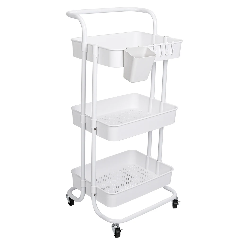 Black-White Color Options 3 Tier Rolling Utility Cart Movable Storage Organizer With Mesh Baskets Lockable Wheels 360 Degree Rotatable Hanging Box ...